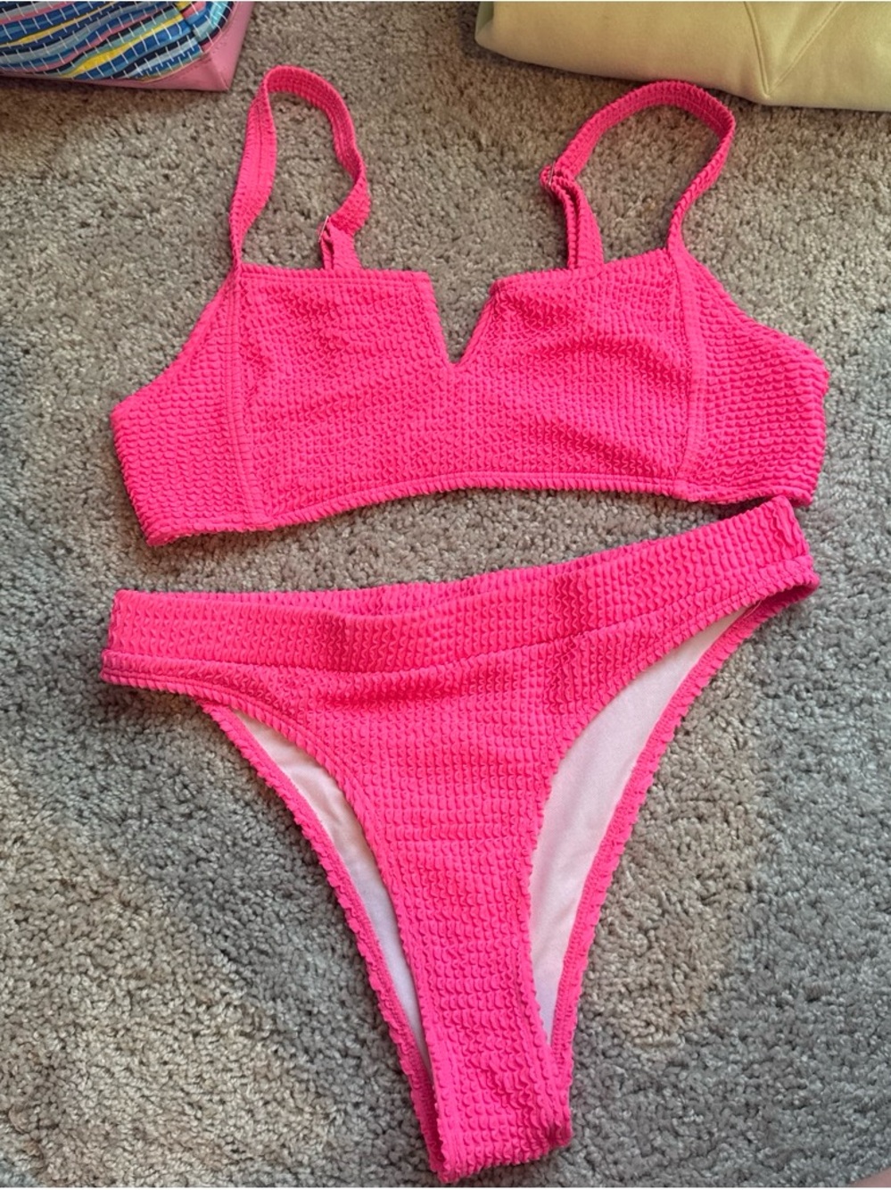 SHEIN Hot Pink Textured V-Wire Bikini Set